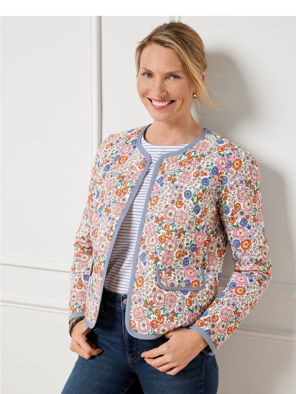 Talbots Floral Quilted Jacket with Blue Trim
